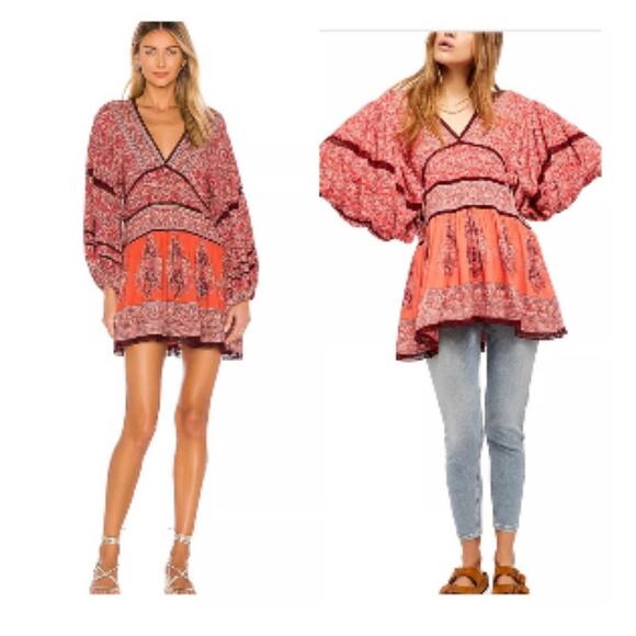 Free People Luna Paisley Scarf Print Balloon Sleeve V Neck Tunic Mini Dress Med - Picture 1 of 12